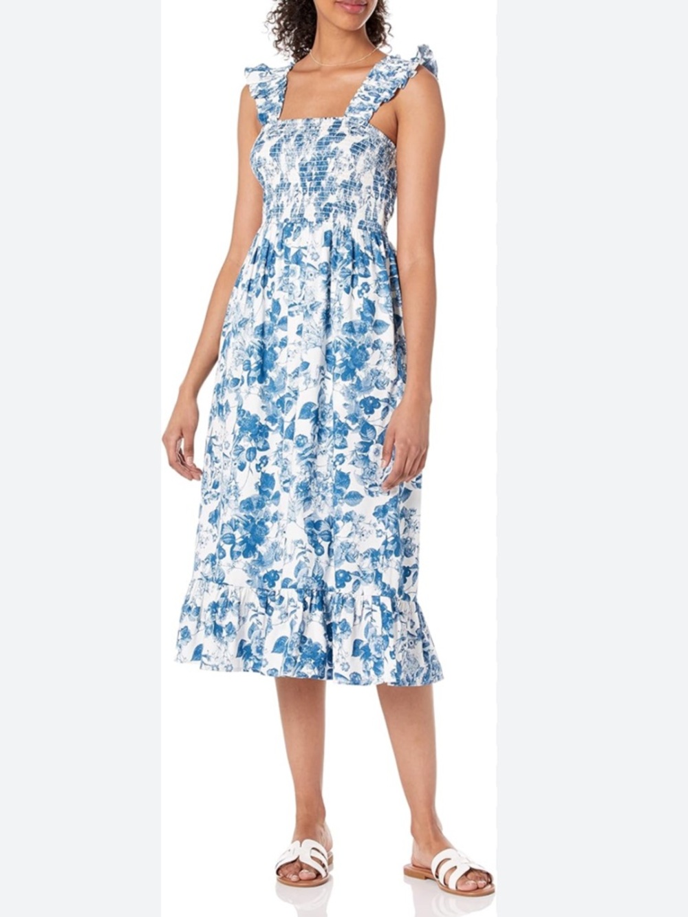 The Drop Kimi Ruffled Shoulder Smocked Midi Dress White & Blue Floral Size 2X